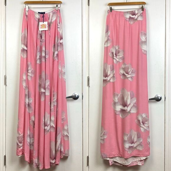 Katie Kime NWT Magnolia Sunset Pink White Floral Maxi Skirt Elastic Waist sz S - Picture 1 of 7